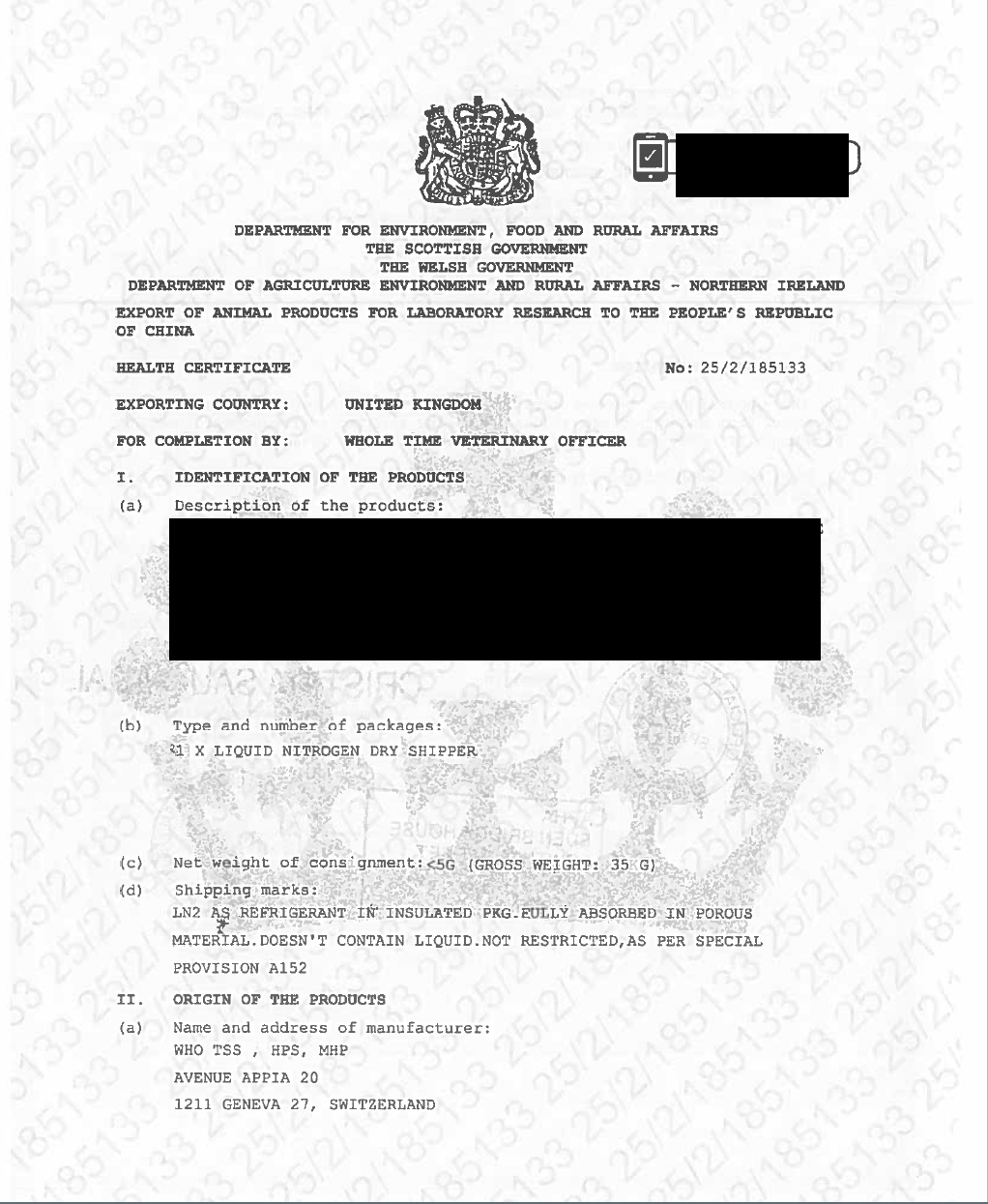 上海可芃生物协助企业获取英国环境、食品与农村事务部出具的动物产品健康证书，证明科研用生物材料（如液氮干运罐封装样本）无疫病风险，符合中国进口检疫要求。我司可对接 WHO TSS 等国际生产机构，把控‘